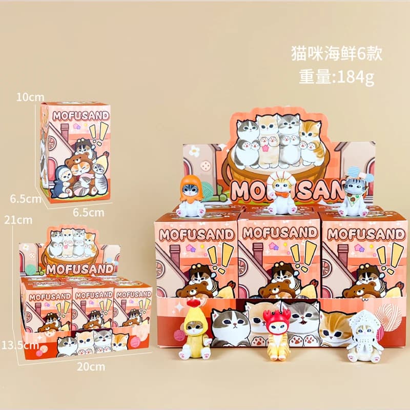 Mofusand Series 6pcs Cartoon Shark Cat Fried Shrimp Seafood Desktop Ornament Statue Doll Toys Car Decoration Collection Gifts