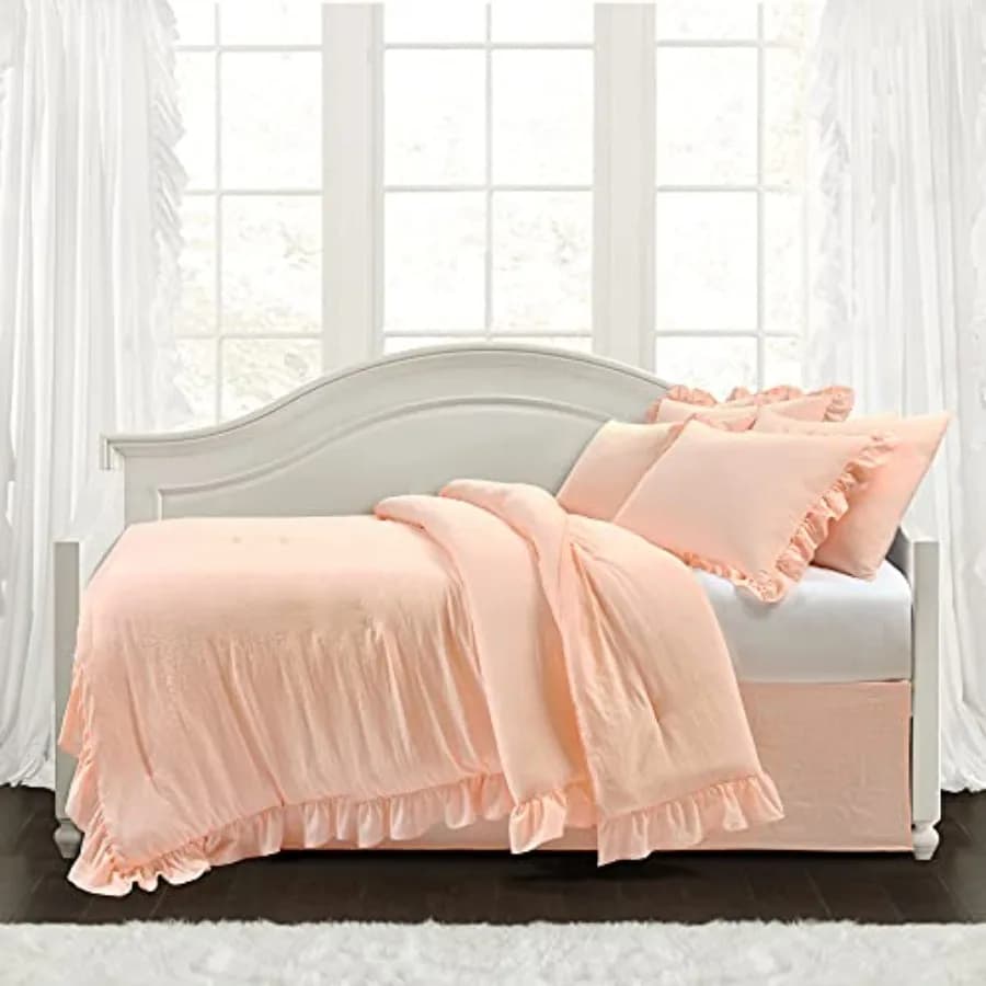 Set di Biancheria da Letto Reyna Ruffle 6 Pezzi 68" L x 92" L - Rosa - Biancheria da Letto con Volant - Decorazione Coquette