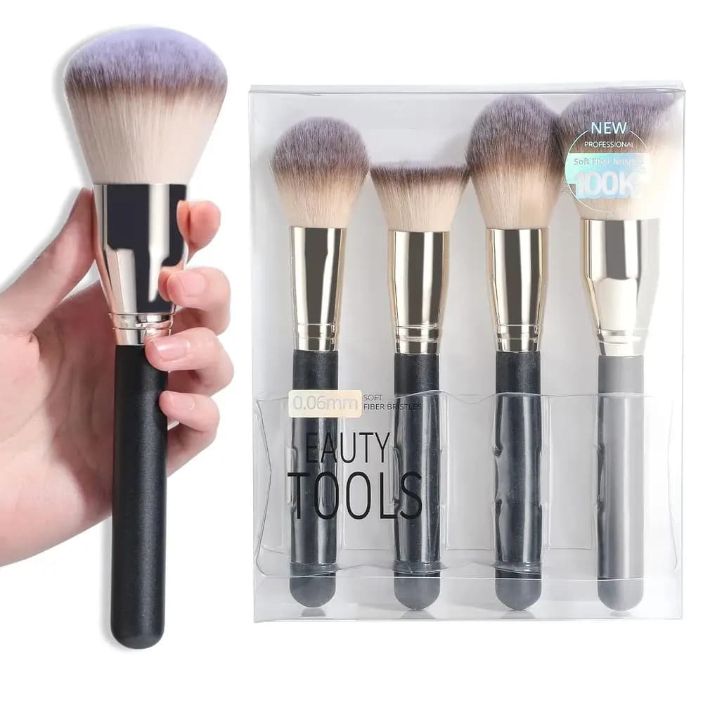 Set di Pennelli da Trucco Compatto in 4 Pezzi: Pennelli per Fondotinta, Cipria e Blush per Uso Quotidiano (Nero Argento)