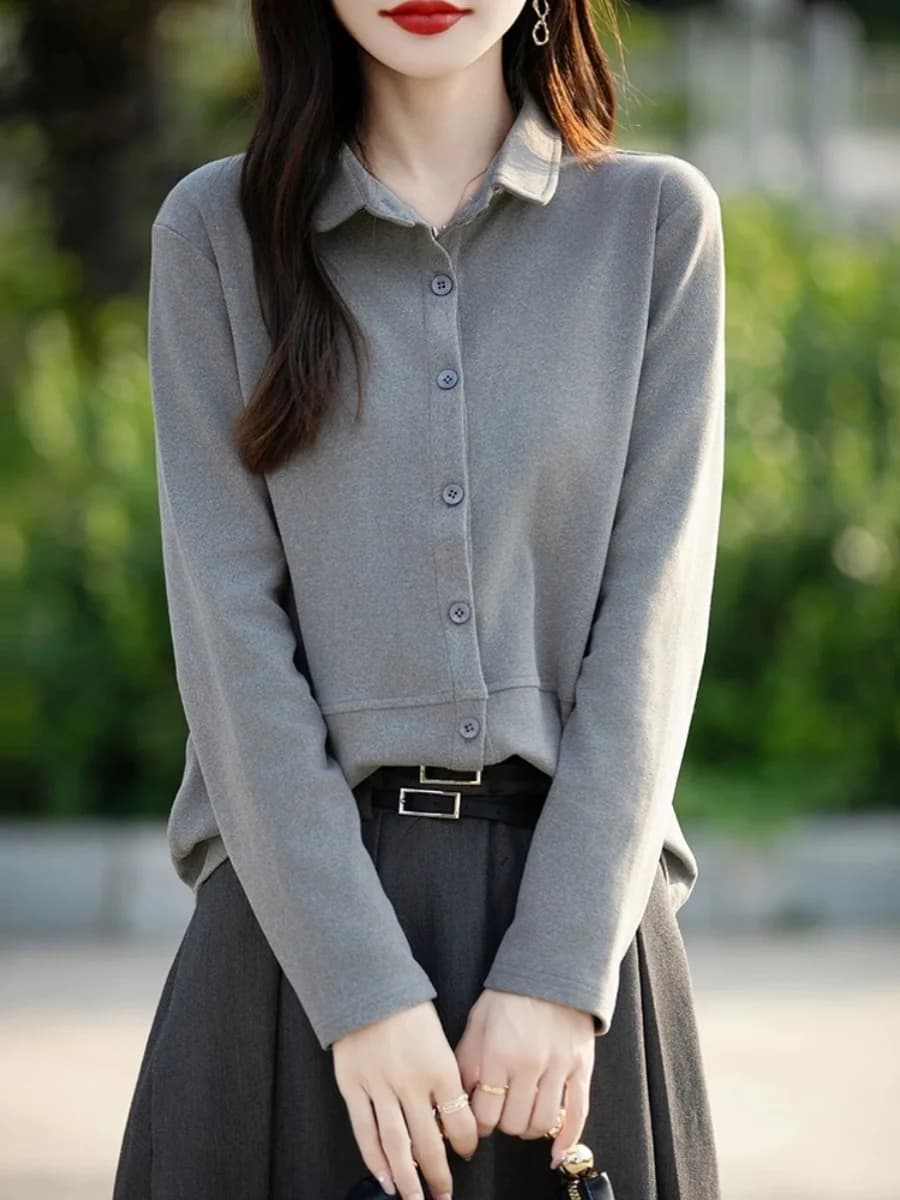 Autumn 2024 Women's Long Sleeve Flocking Velvet Shirt Thermal Base Layer Top Stylish Design German Velvet Knitted Woolen Blouse