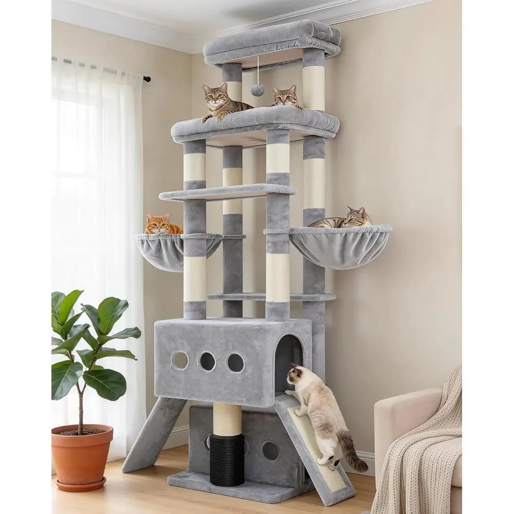 Hey-Cat Albero per Gatti, 71,5 Pollici, con Tiragraffi, Piattaforma Extra Grande, 2 Cucce Accoglienti, 2 Amache e Tavole da Graffiare, Multi-L