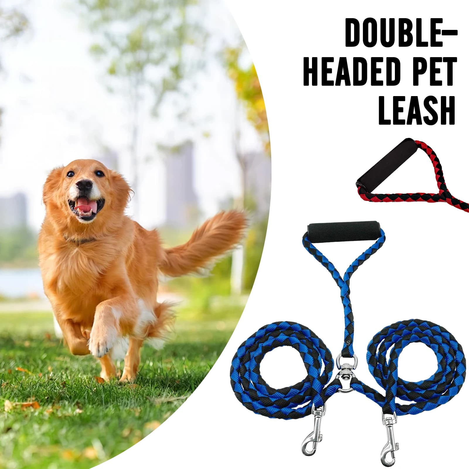 Guinzaglio per cani a doppia testa Corda in PP Guinzaglio per animali resistente 120 cm 20 cm per controllo dell'addestramento a piedi di due cani