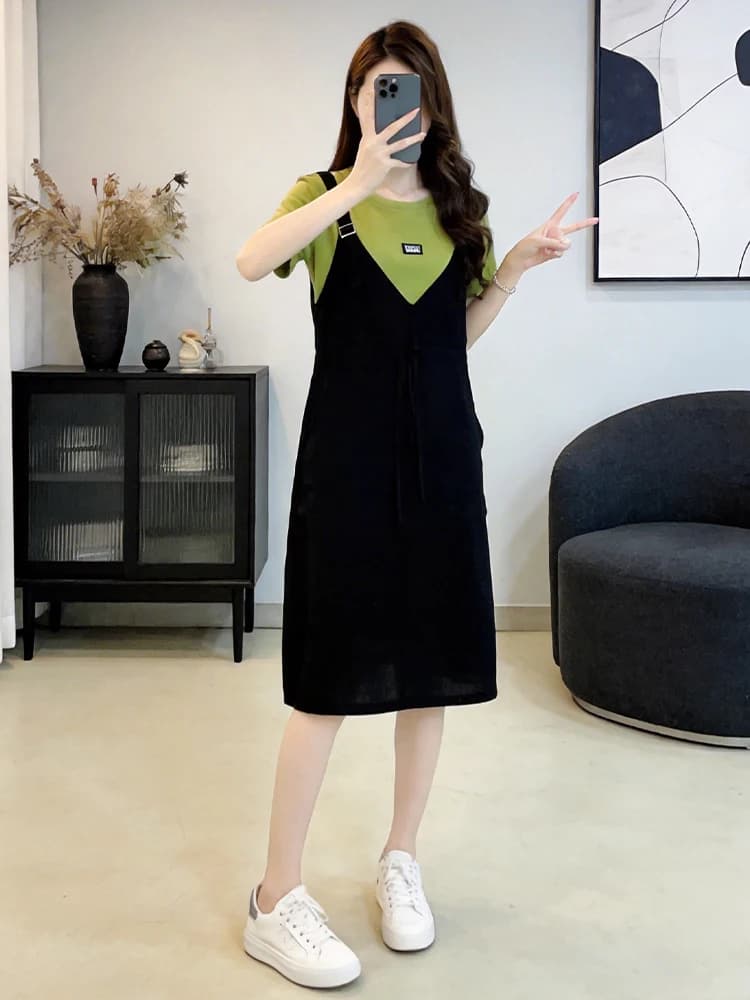 Elegant Summer Dress Women's Drawstring Design Waist Cinching Strap Trendy Fake Two-Piece Skirt Casual Long Sleeve round Neck
