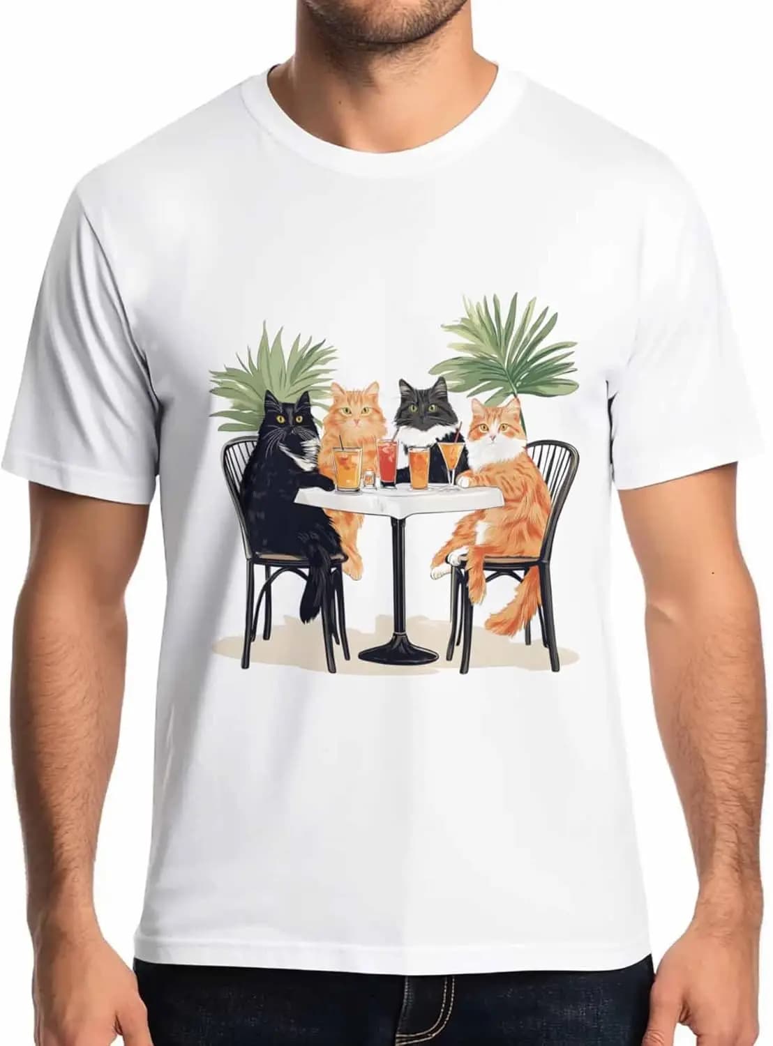 T-Shirt da Uomo con Gatto Cartoon, Magliette a Maniche Corte ad Asciugatura Rapida, T-Shirt da Spiaggia con Collo Rotondo per Uomo