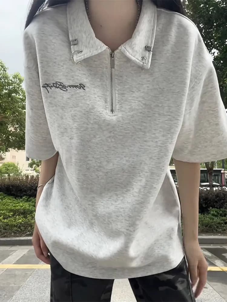 Half Zipper Short Sleeve Men's T-Shirt Summer Metal Button Embroidery American Trendy Brand Shoulder Length Shirt