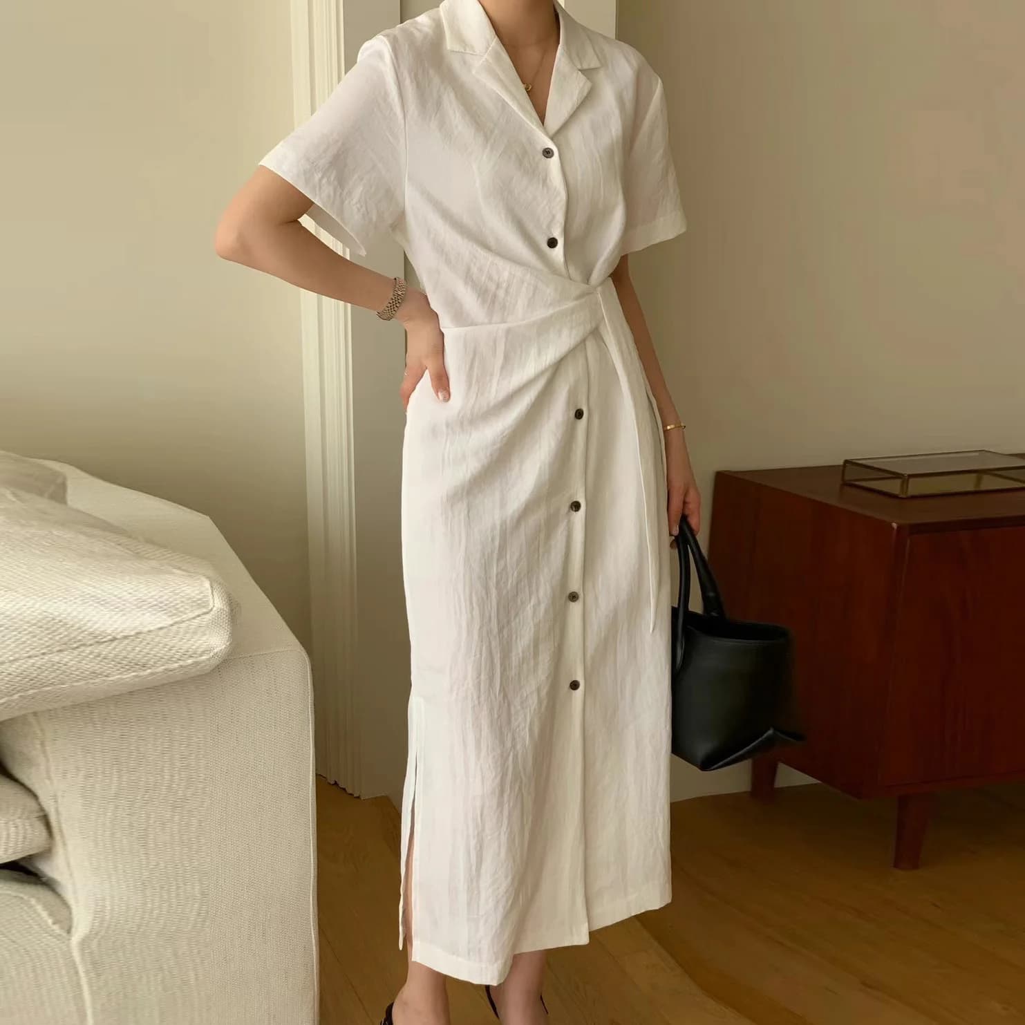 Retro Side Tie Slim Fit Long Button Short Sleeve Shirt Dress Three Colors Sweet Style Casual Summer Uniform Body Shape