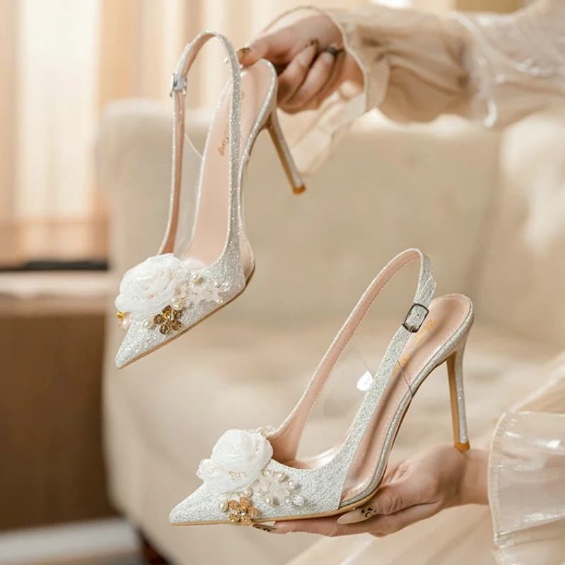 ynpo 2026 New White Wedding Shoes Pointed Head Shallow Mouth Flowers High Heels Summer Fashion Women Sandals