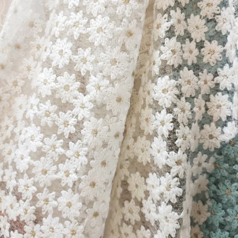 Hollow Out White Chrysanthemum Embroidered Gold thread Lace Fabric for Dress Wedding Skirt Mesh Cloth, by the Yard
