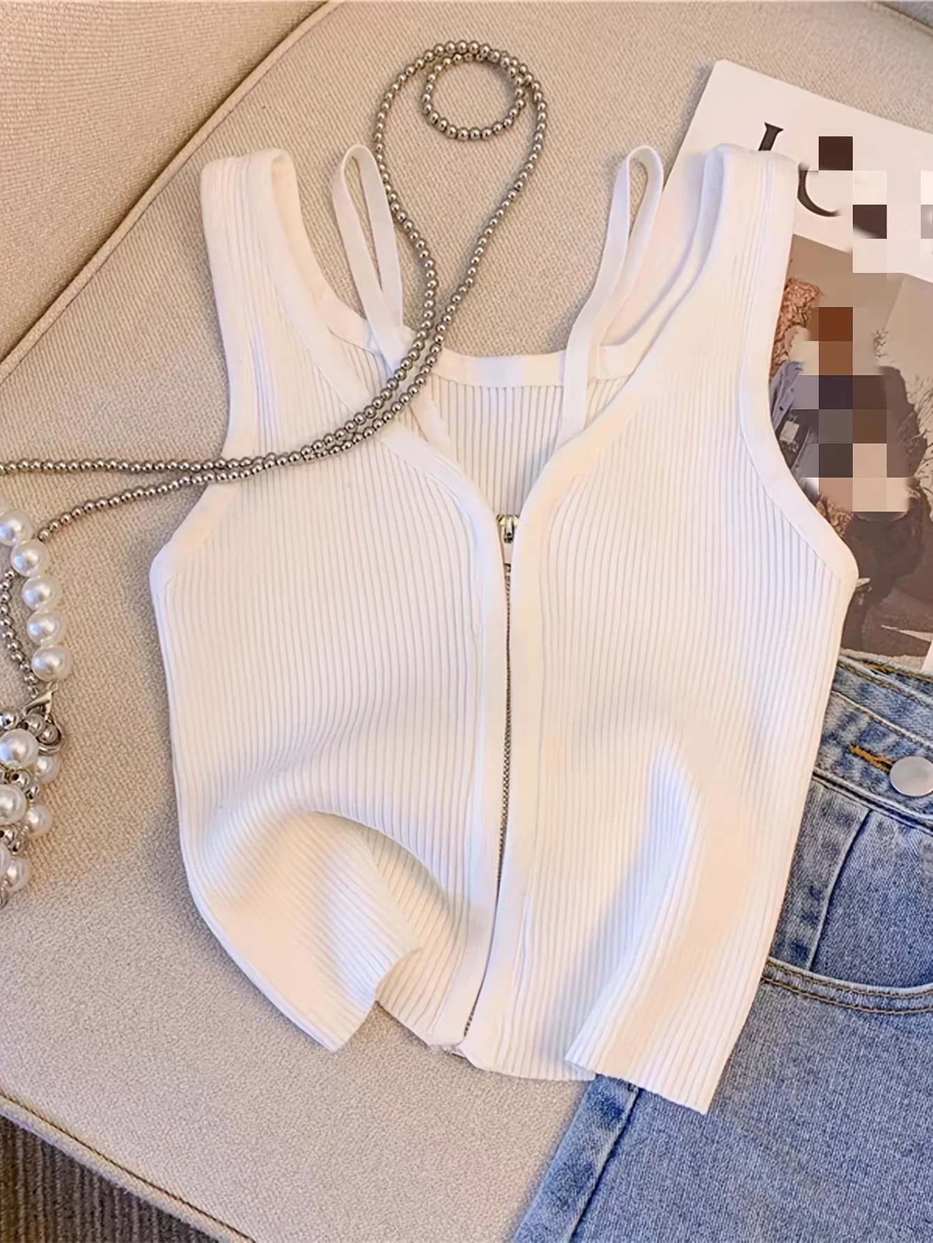 Nuovo Elegante Gilet Bianco a Costine con Zip, Scollo a V Aperto sul Davanti, Top Corto da Donna per Primavera Estate, Abbigliamento Femminile Essenziale