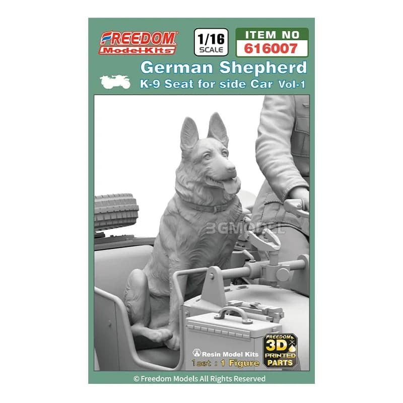 Stampa in resina 3D Freedom, kit modello animale F 616007 Wolfdog tedesco - Posizione seduta (per moto R75) 1/16