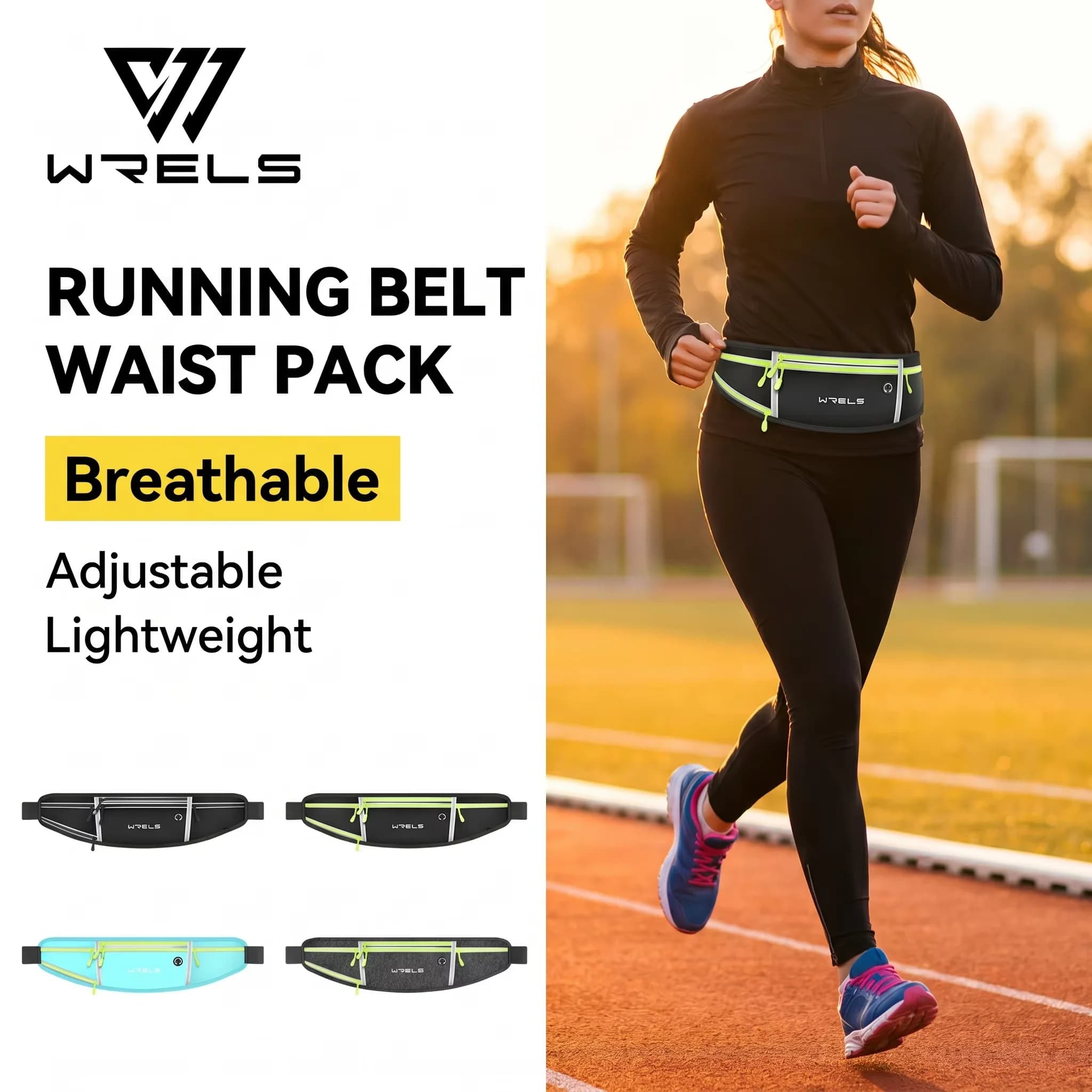 WRELS Running Belt Waist Pack Extra Large Capacity Breathable Fanny Pack Headphone Jack High Elastic Lightweight Running Pack