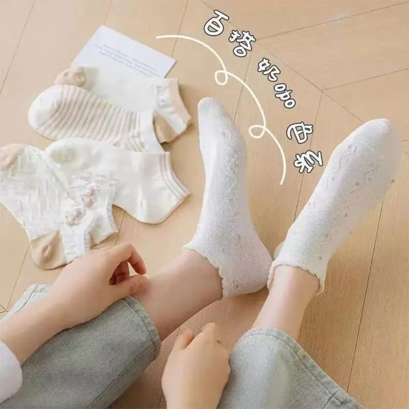 5 Paia di Calzini alla Caviglia per Donna, Calzini Corti con Motivi di Orsetti, Cuori e Righe, Traspiranti e Casual per l'Estate