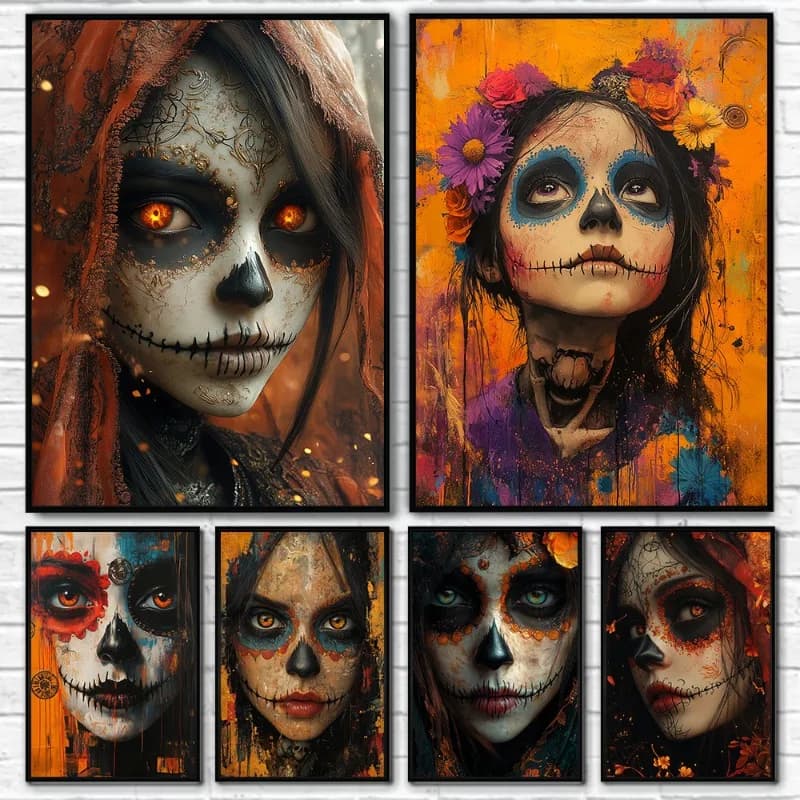 Los Muertos Girl Day of The Dead Skull Makeup Portrait Posters and Prints Canvas Painting Wall Art Picture for Room Home Deco