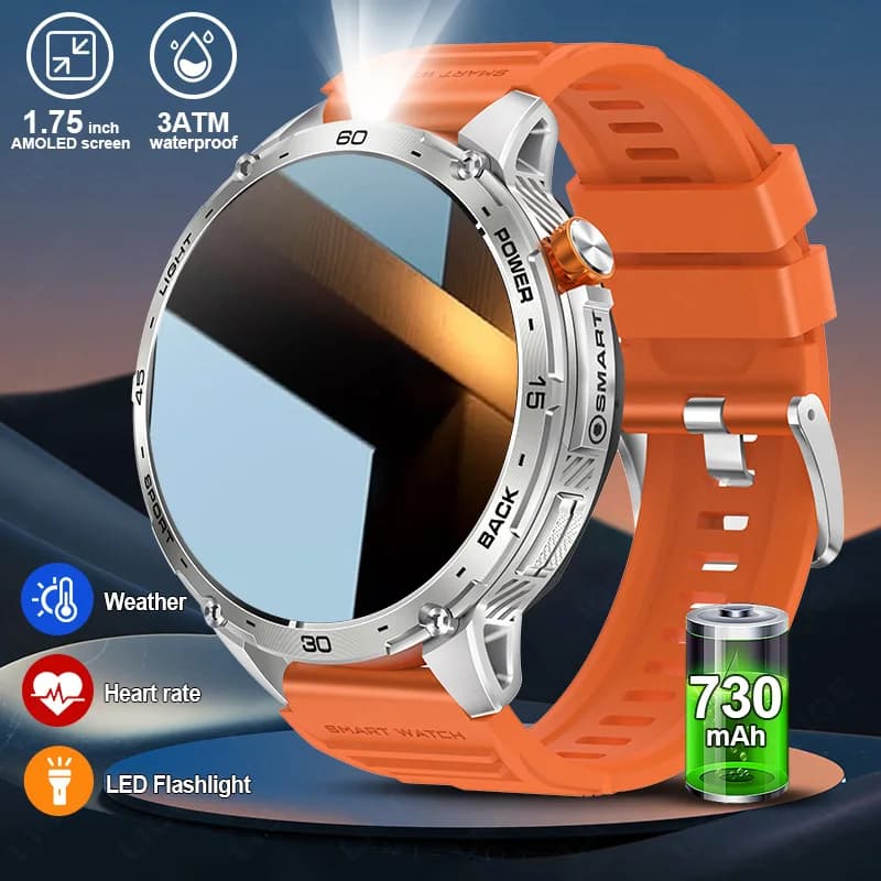 LIGE 730mAh Large Battery Standby Time Ultra Long LED Flashlight Man Call Bluetooth Smartwatch 1.75 Inch Waterproof Amoled Screen