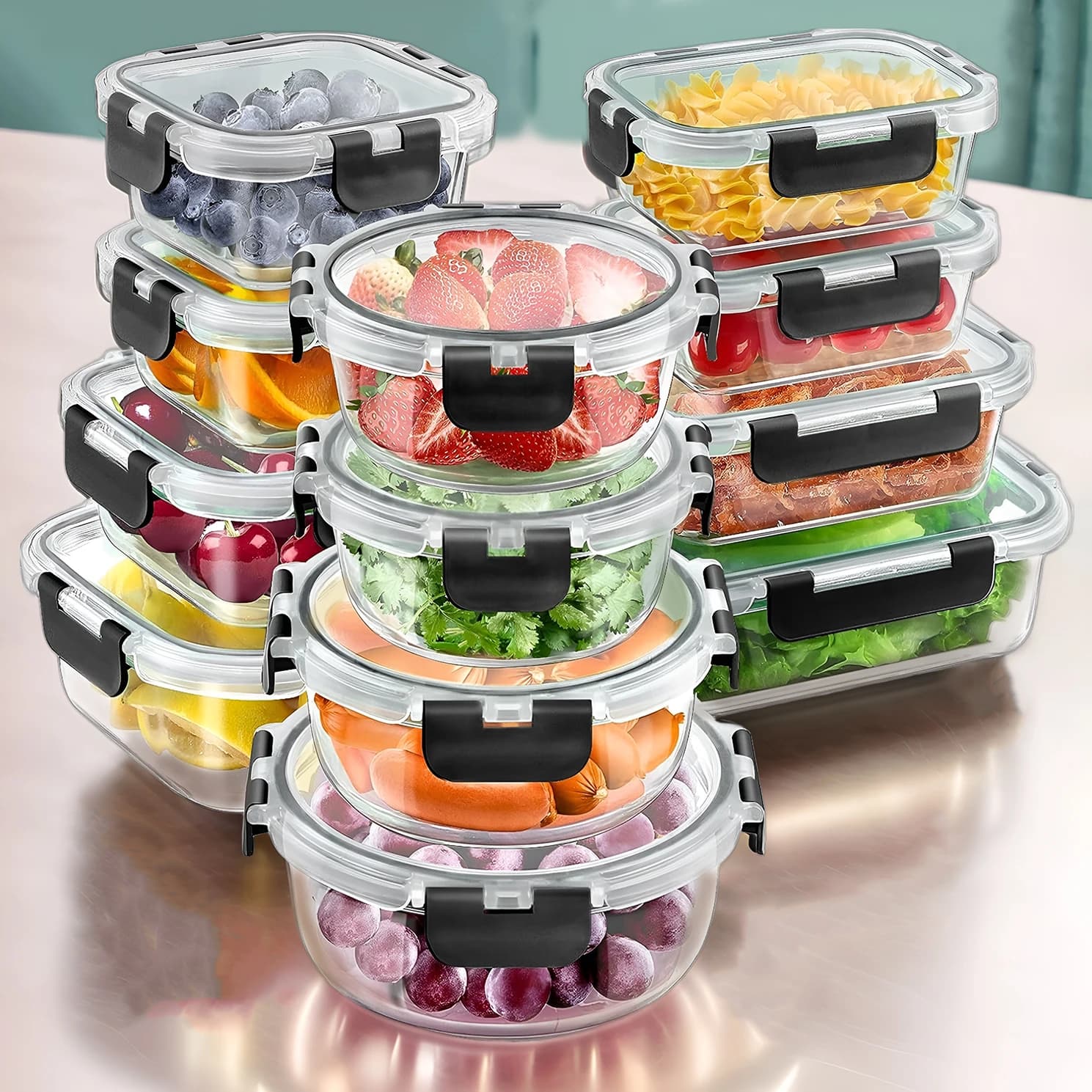 12 pezzi Lunch Box in vetro Contenitori per la conservazione degli alimenti Preparazione dei pasti Scatole Bento ermetiche per forno a microonde Congelatore e lavastoviglie BPA gratuito