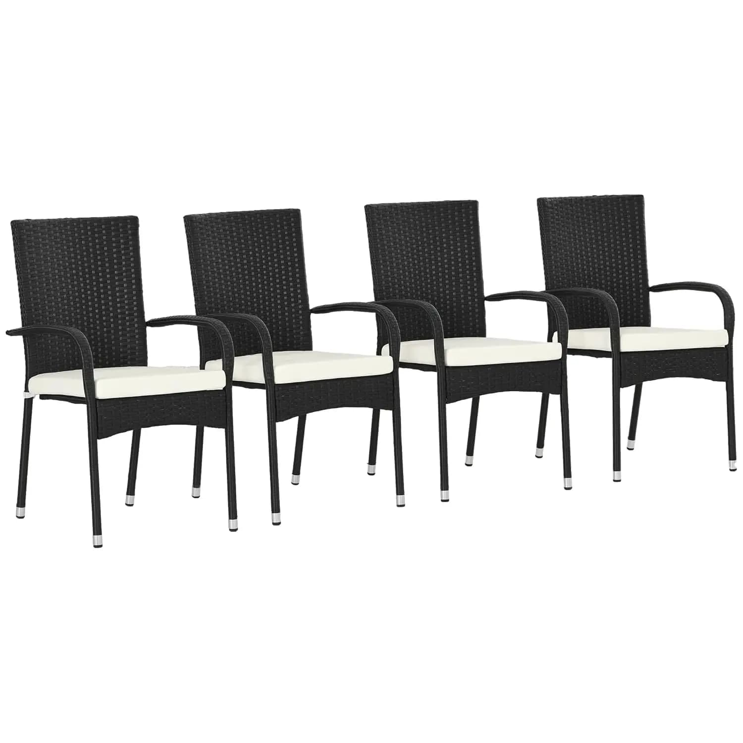 Set di 4 Sedie da Pranzo Impilabili in Rattan PE per Esterni con Cuscini, Braccioli e Schienale, Colore Bianco Crema, Personalizzabili