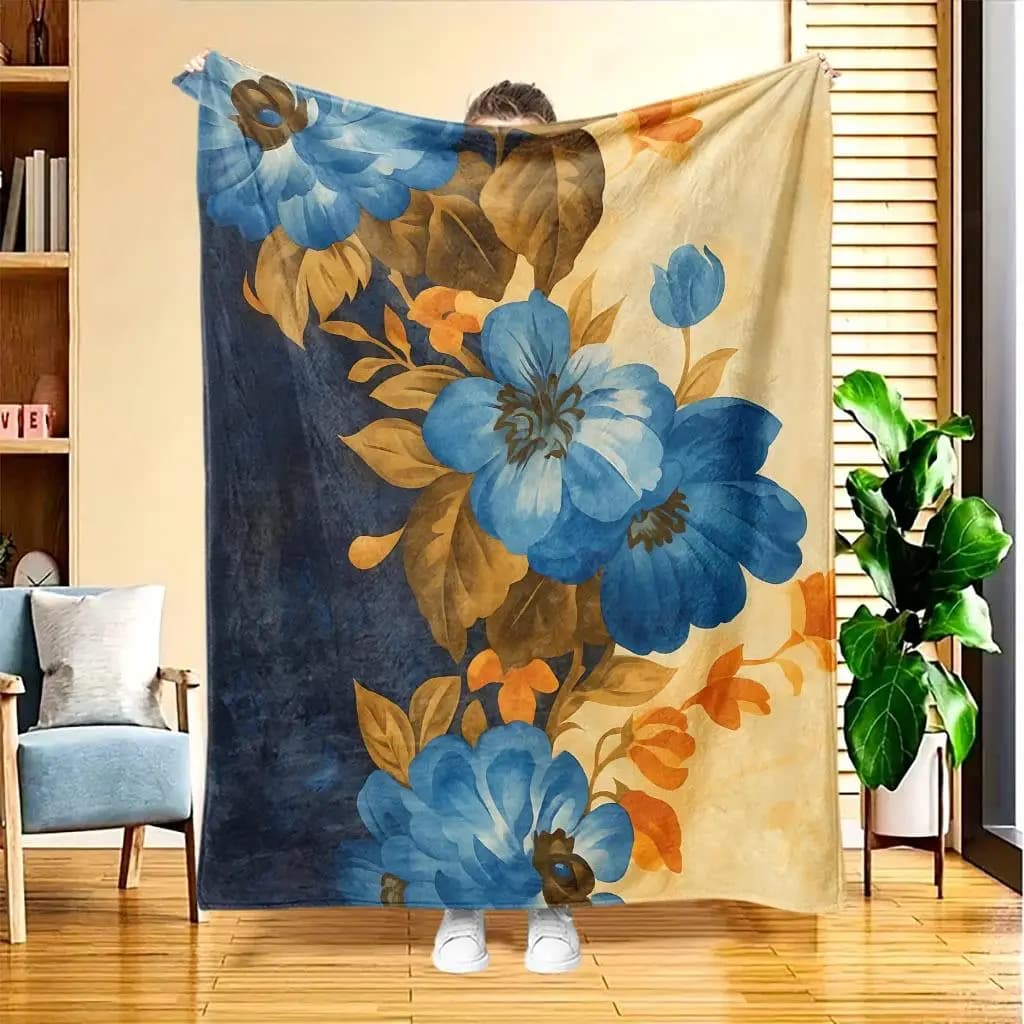 Large-flowered blue-blossom floral Flannel printed blanket suitable for all seasons suitable for living room office sofa travel
