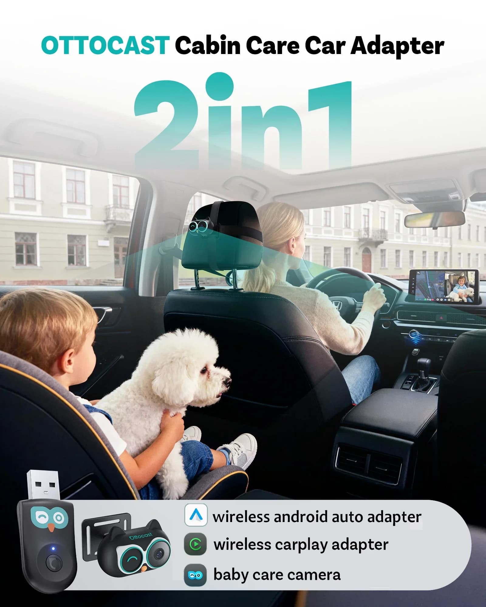 OTTOCAST Cabin Care Adattatore CarPlay wireless 1080P HD Baby Car Camera 150 ° Monitor per sedile posteriore a schermo diviso per visione notturna grandangolare