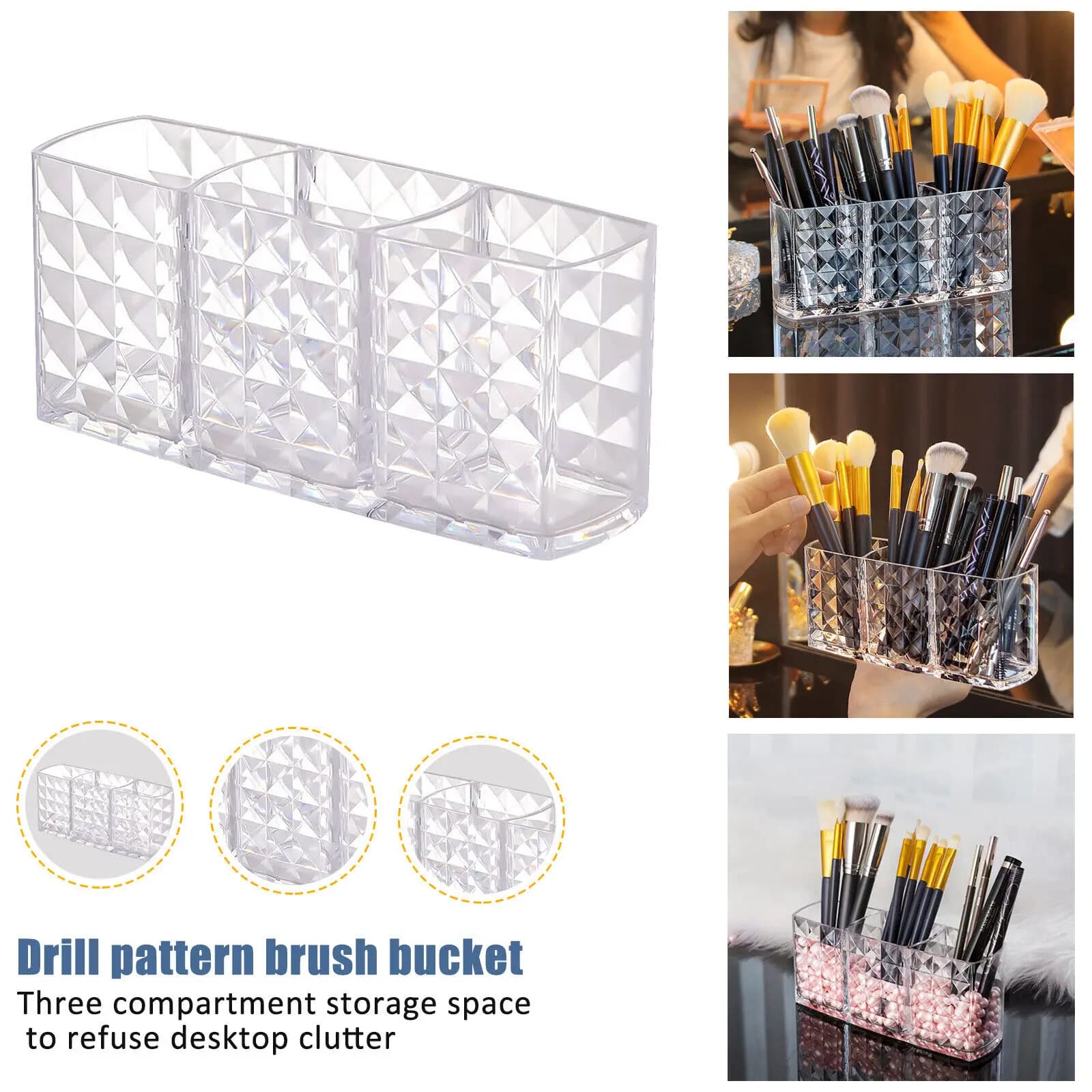Porta Pennelli Trucco in Acrilico Trasparente, Organizzatore Cosmetici da Scrivania, Porta Pennelli Rossetto con Specchio a Motivo Diamantato, Contenitore Portaoggetti