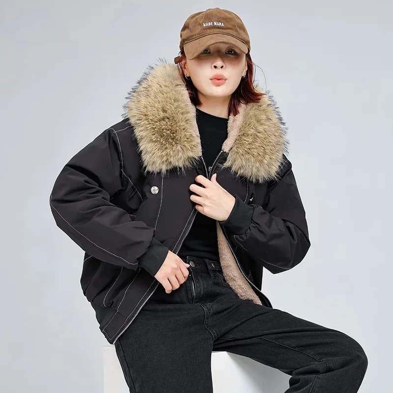 Retro down Cotton Jacket Women's Short Coat Fake Rabbit Fur Collar Hooded Winter Warm Thickened Outerwear Parkas Trendy
