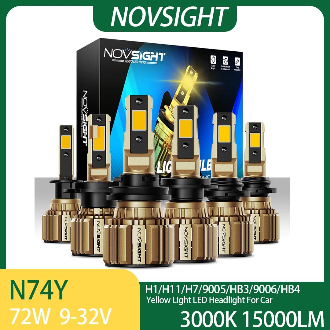 NOVSIGHT N74Y Yellow Light 3000K H11 LED Headlight For Car H1 H7 9005 HB3 9006 HB4 72W LED Auto Headlamp High Brightness Bulbs