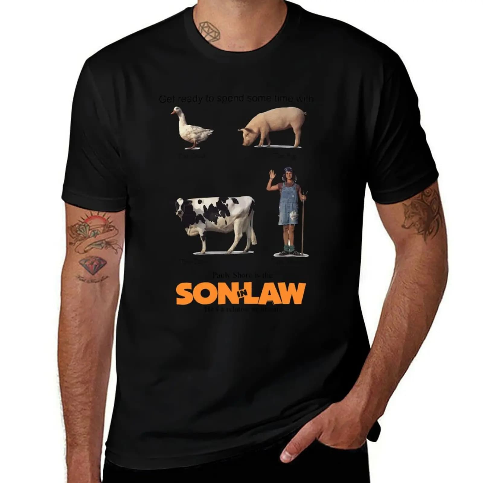 T-shirt del film comico di Pauly Shore, Son In Law, con The Duck + The Pig + The Cow + THE WEASEL, classica era grunge degli anni '90, pop culture.