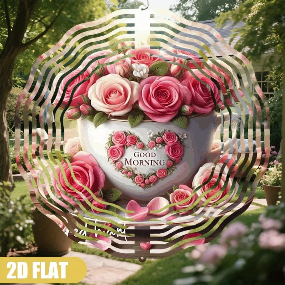 Wind Chime with Roses in Teacup Durable Iron Outdoor/ Wind- Chiming for, Porch, Wedding - Pastoral Floral Wind Chim