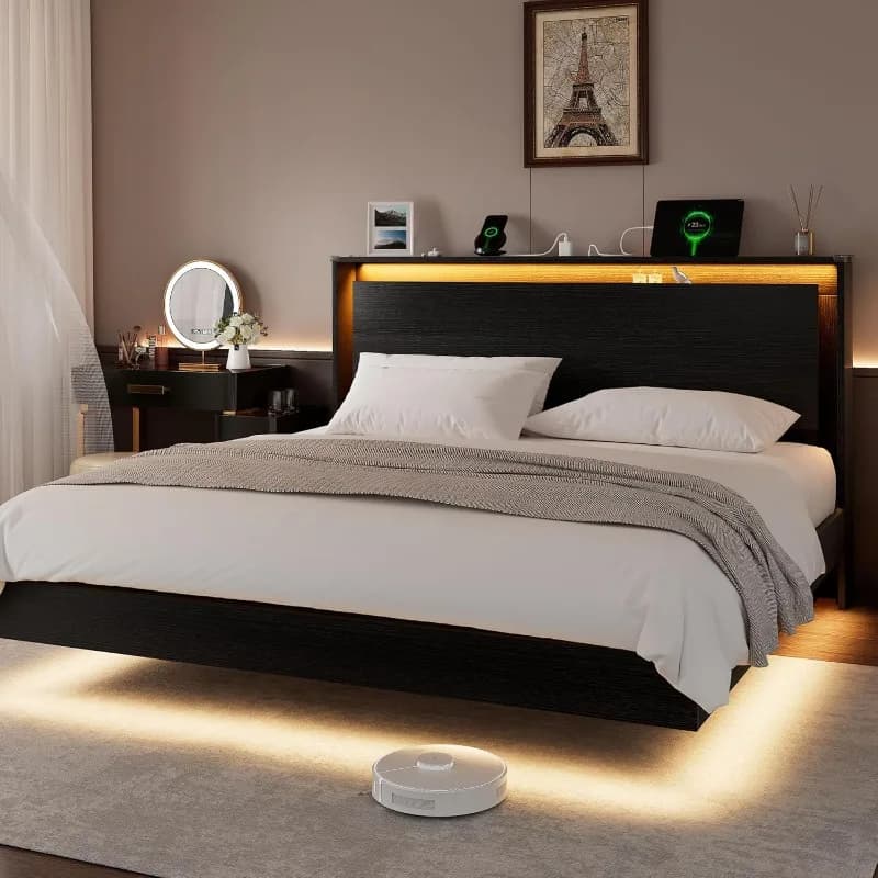 Einhomn Letto King Size con Luci LED e Stazione di Ricarica – Struttura Letto Sospesa in Legno con Testiera Contenitore, Doghe Adesive