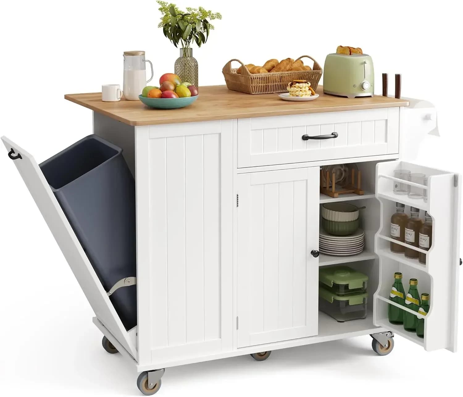 Kitchen Island With Storage Trash Can Storage Drop Leaf Rubberwood Top Knife Holder Adjustable Shelf Towel Bar Drawer Spice Rack
