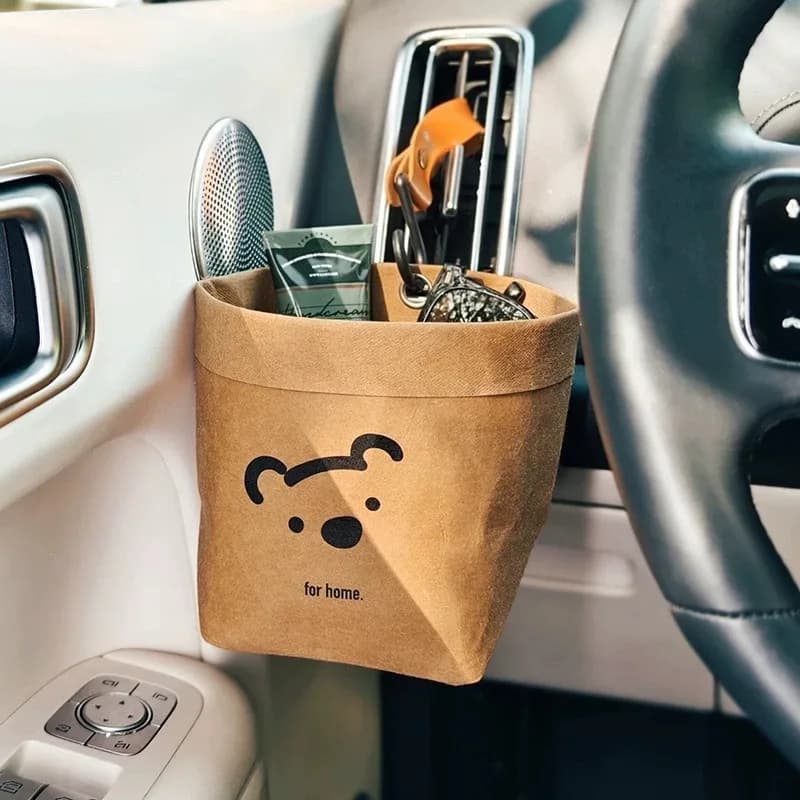 Car Outlet Storage Bucket Washable Kraft Paper Trash Bag Hanging Garbage Pouch Auto Interior Organizer Accessory