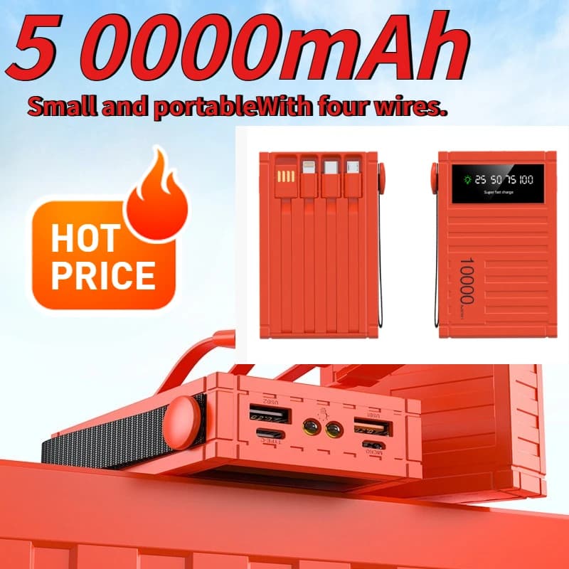 50000mAh High Capacity Industrial Wind Assembly Super Fast Charging Portable Power Bank Built in 4 Cables for IPhone Samsung