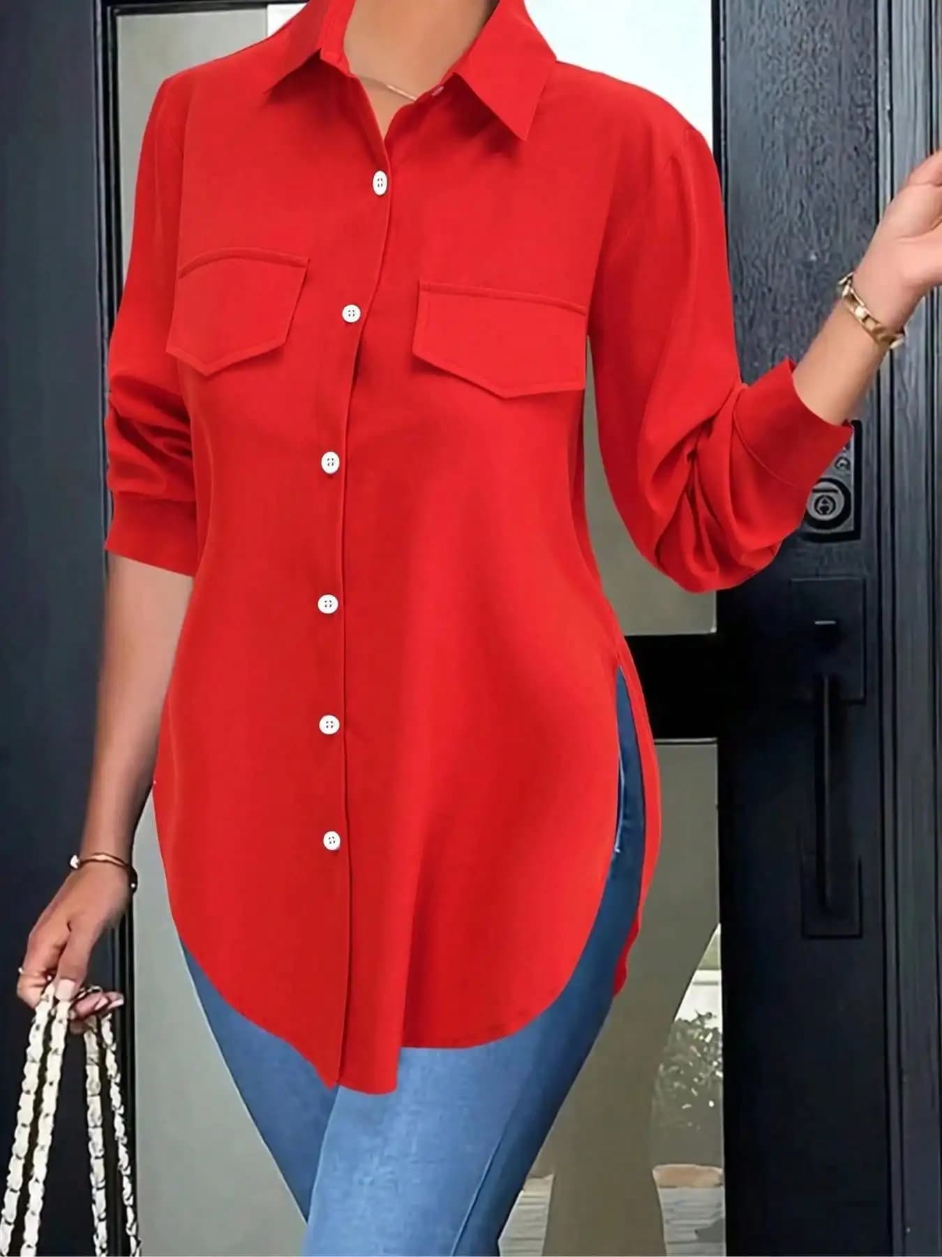 Plus Size Women's Casual Solid Color Blouse Lapel Collar Single Breasted Long Sleeve Shirt Fashion Split Hem Tops