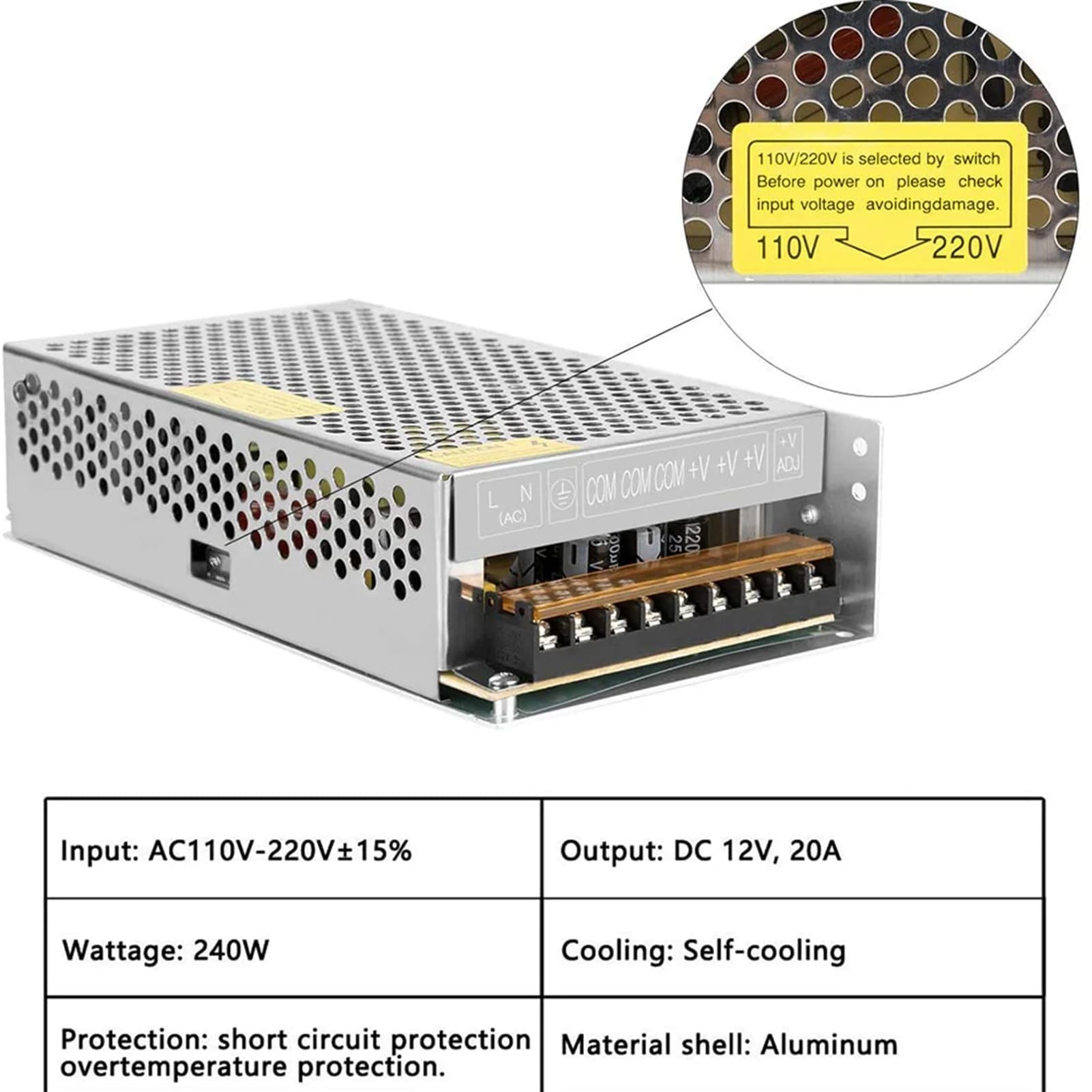 Alimentatore Switching Regolato 12V 20A per Strisce LED