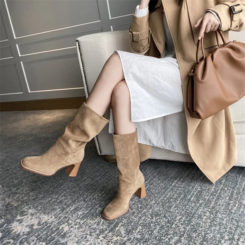 2027 New Kid Suede Retro Women Boots Autumn Winter Slip-On Mid-Calf women shoes Square Toe Square Heel Basic Shoes High(5cm-8cm)