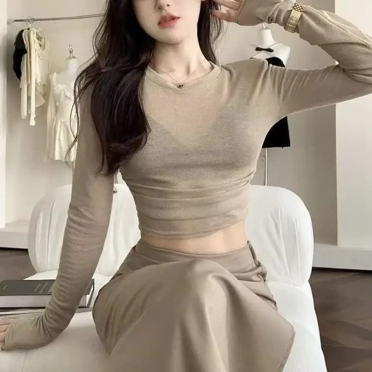 T-shirt Sexy Y2K con Spalline e Maniche Lunghe, Top Trasparente in Rete per Donna, Blusa Corta Estiva Sottile con Protezione Solare