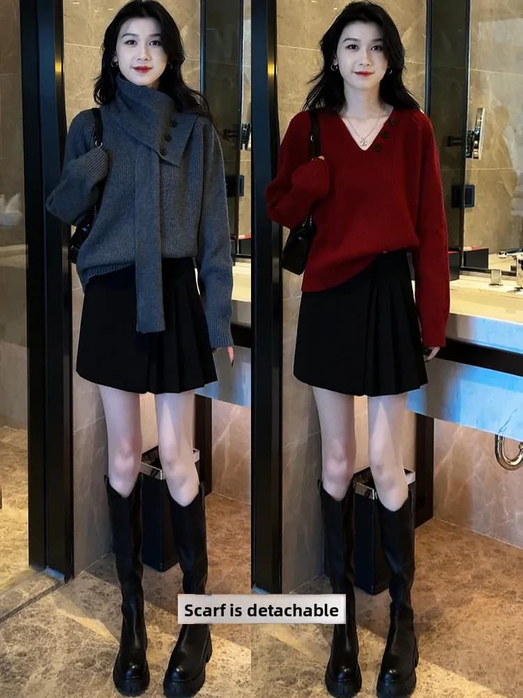 Detachable Scarf Lazy Sle Women's Knitted Sweater Inner Wear V-Ne Long Sve Slimming Top Spring 2025 Faion Design