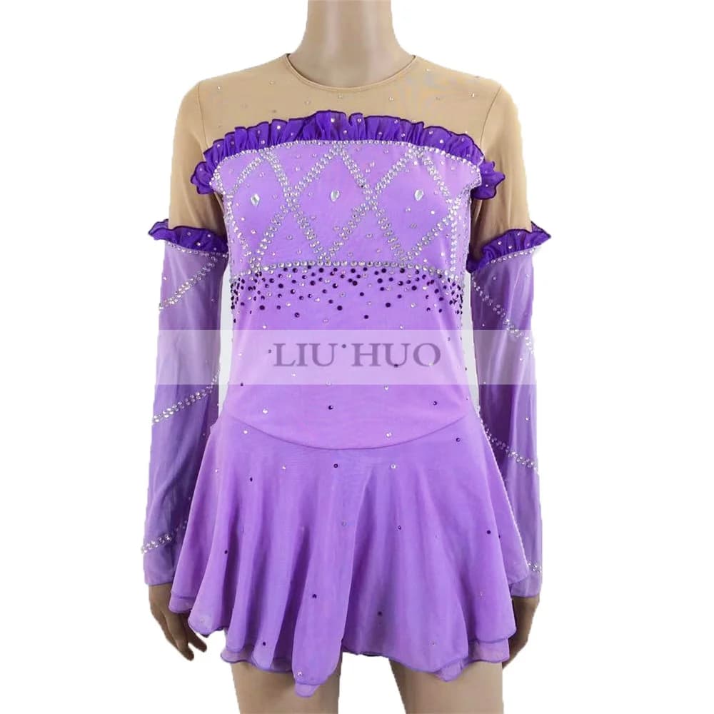 LIUHUO Vestito da Pattinaggio di Figura Donne Ragazze Aldult Prestazioni sul Ghiaccio Ginnastica Concorso Costume da Ballo Viola Manica Lunga Balletto