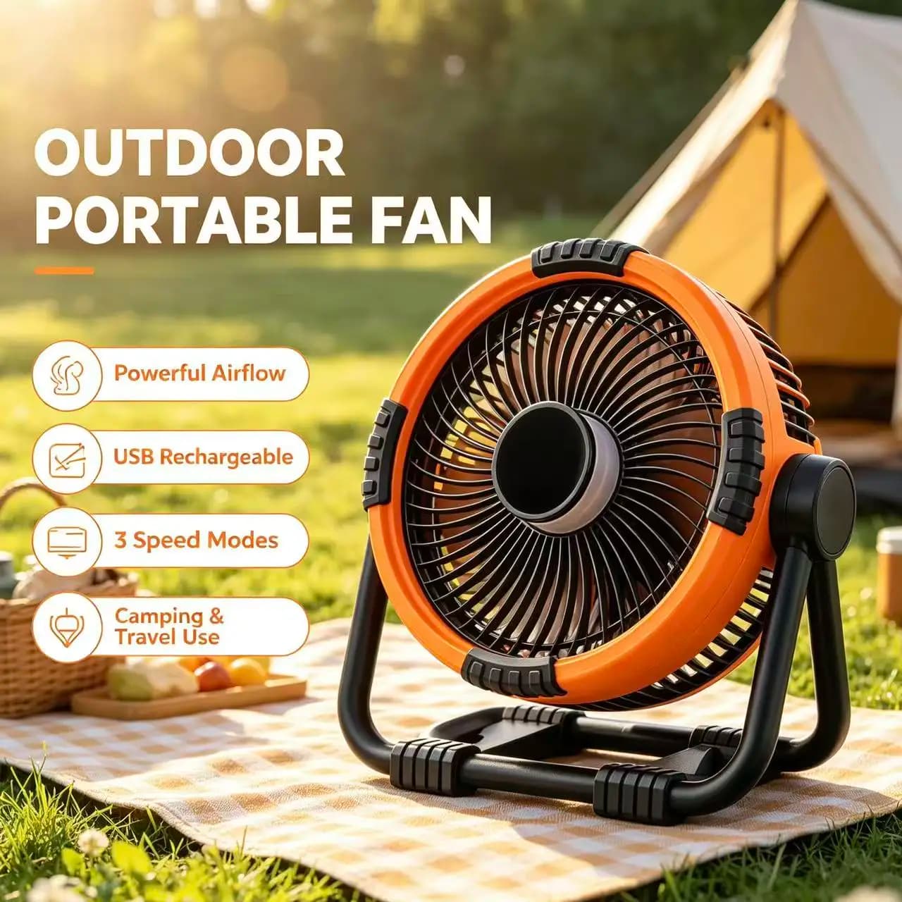 Multifunctional Camping Fan Rechargeable 270°Oscillating Hanging Fan LED Light Power Bank Portable Outdoor Tent Cooling Fan