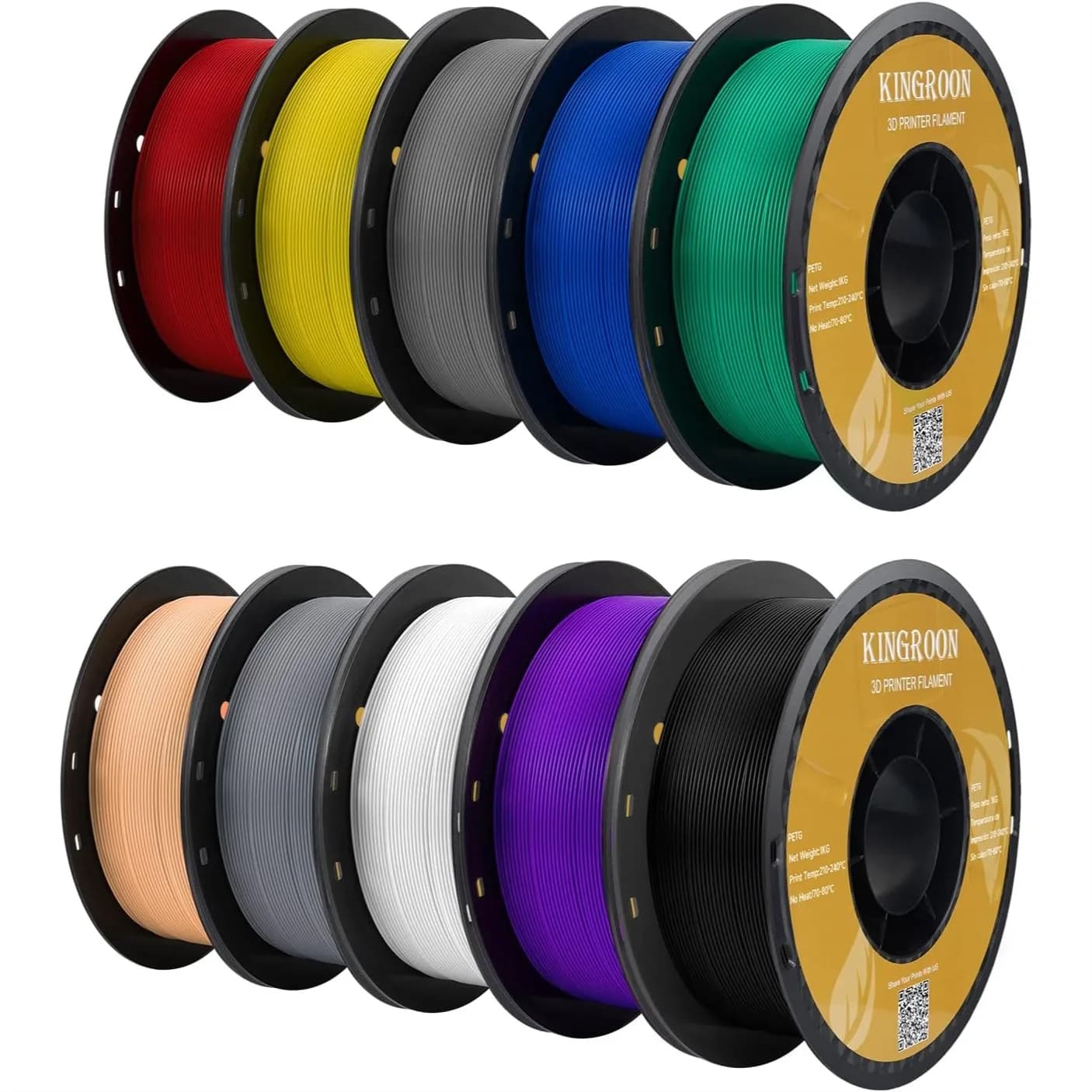 Filamento PETG per Stampante 3D, 10 Rotoli da 1,75mm, Precisione Dimensionale +/-0,03mm, Bobina da 10kg (22lbs) per Stampanti FDM