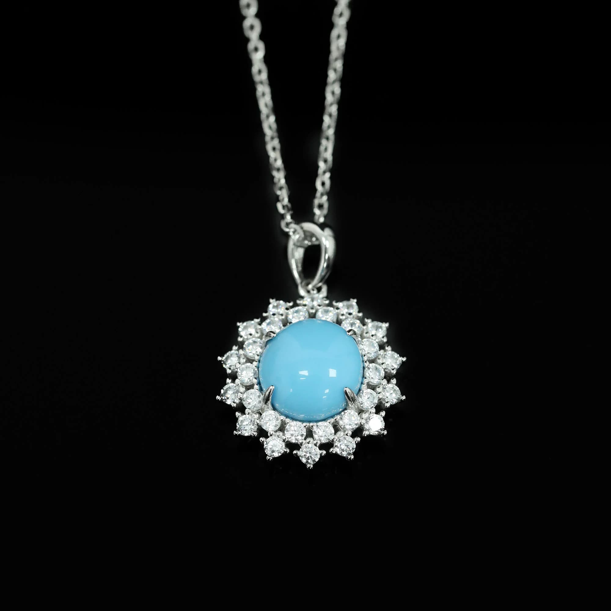 Elegant Sterling 925 Sterling Silver Necklace with Artificial Turquoise Shape Sunflower Pendant, Fine Jewel for Women, Valentine's Day, Party and Daily Use