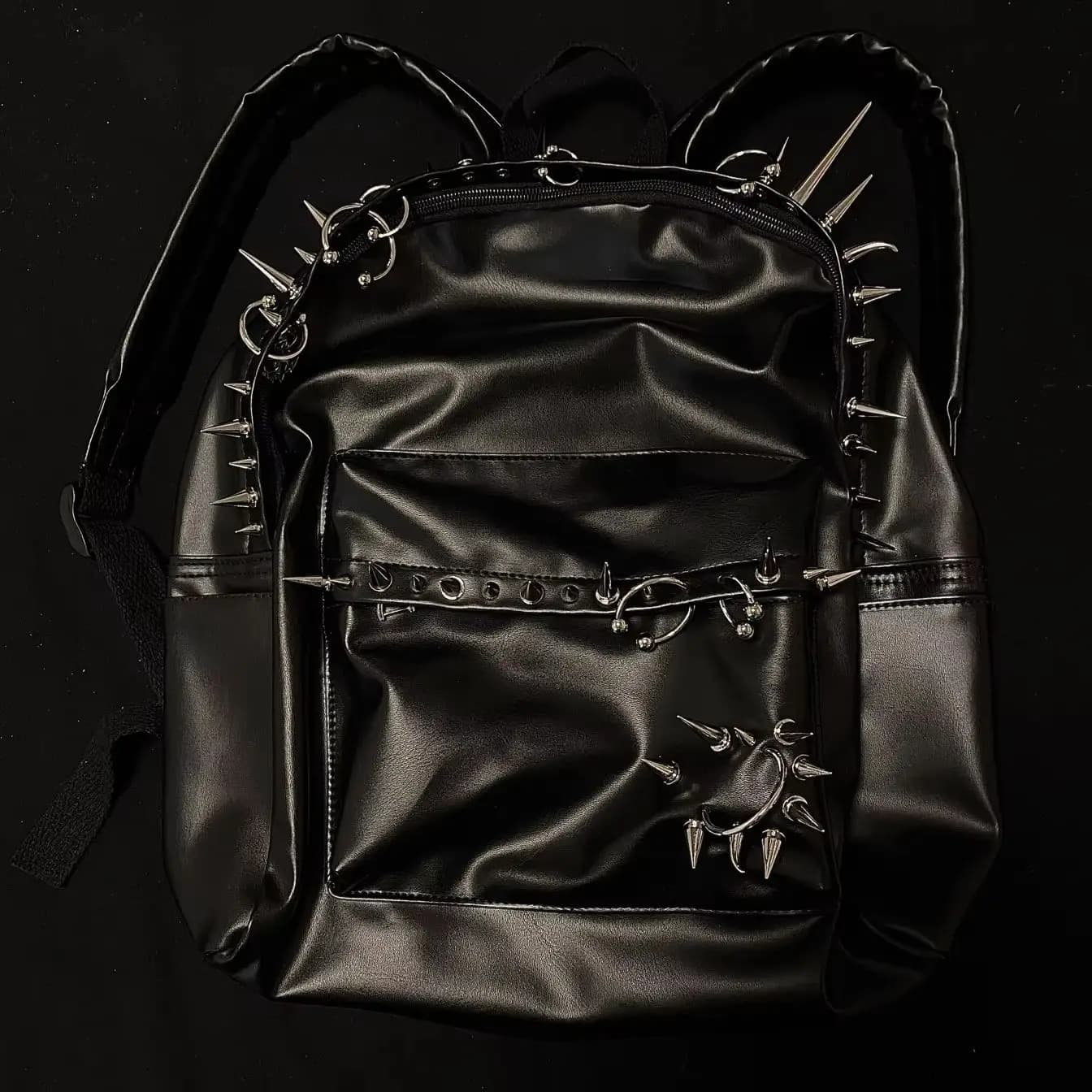 punk rivet black leather backpack men's bag Fashion Large Capacity backpacks women'bag