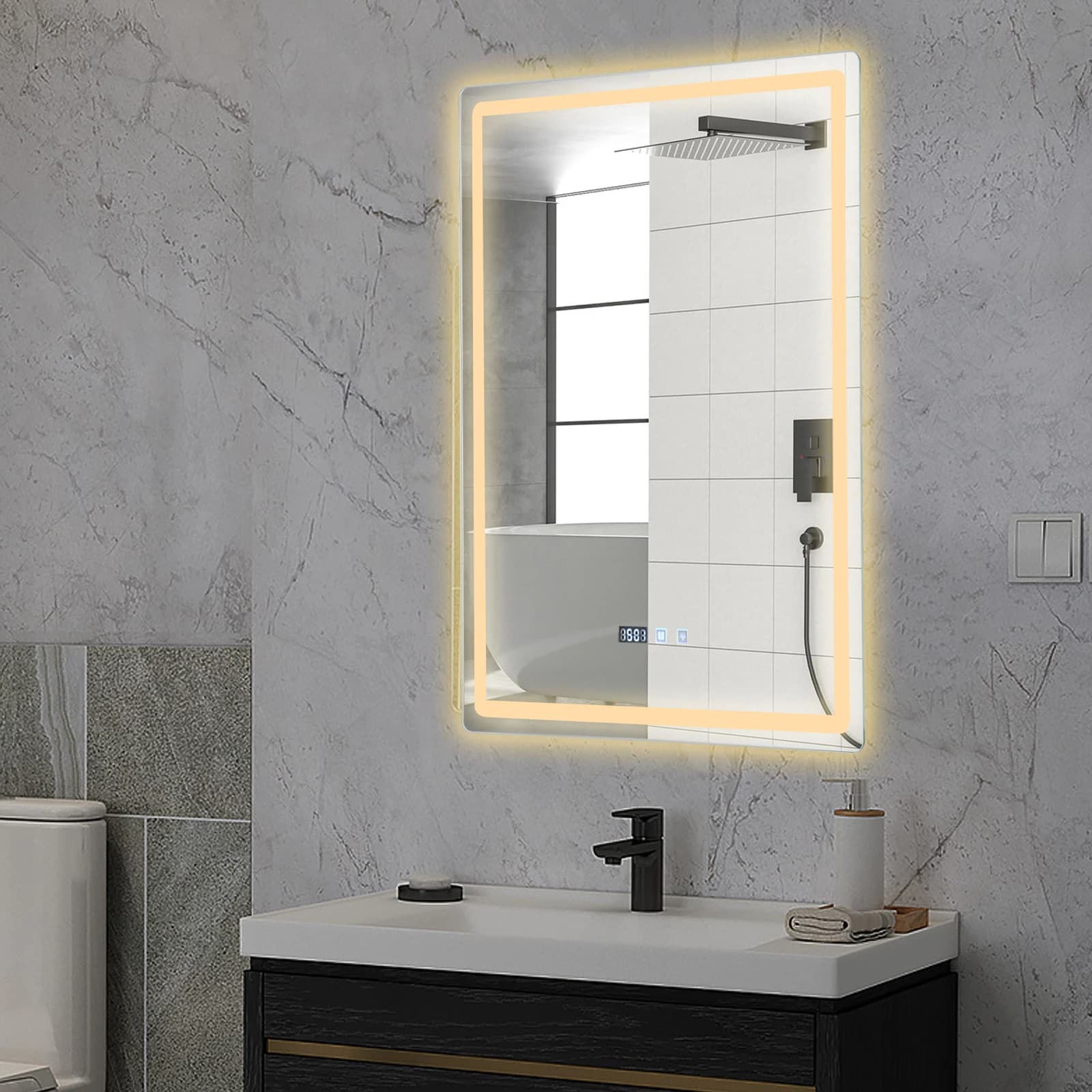 LED Bathroom Mirror, Touch Control Smart Mirror, 3 Color Lighting, Digital Clock and Display Temperature, 600x800mm