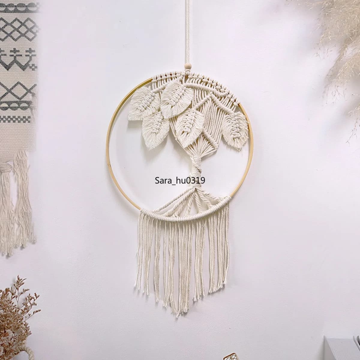 Boho Tree of Life Tapestry Handmade Woven Leaf Tassel Dream Catcher Wall Hanging for Home Background Decor