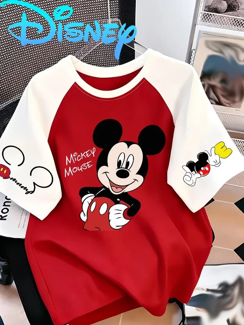 2026 Summer Super Cute Mickey Fashion Personalized 3D Printed T-shirt for Adults and Children Loose Round Neck Sports Shirt
