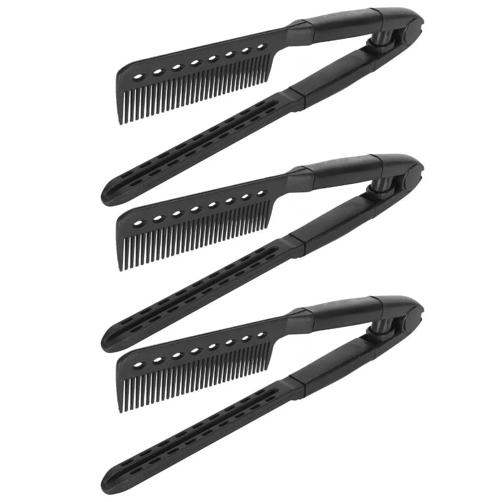 3pcs V Shaped Hair Straightening Comb Portable Professional Styling Comb Heat Avoid Black Portable Hair Comb Salon Use