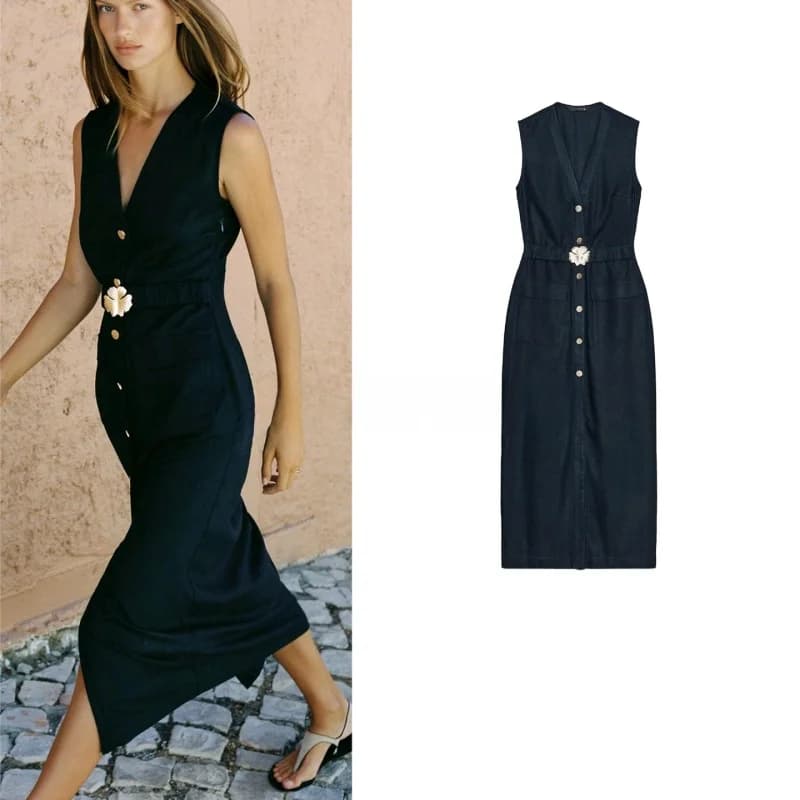 Abito Midi Estivo da Donna con Scollo a V, Tasche Applicate, Tessuto Misto con Cintura, Vita Alta, in Fibra di Poliestere, Casual