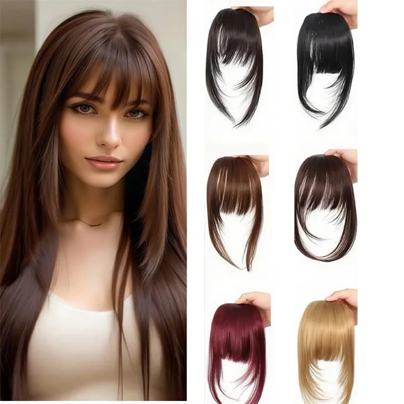 Frangia con clip per capelli sintetici Frangia tagliata con basette Marrone scuro Aspetto naturale per le donne Abbigliamento quotidiano per le feste
