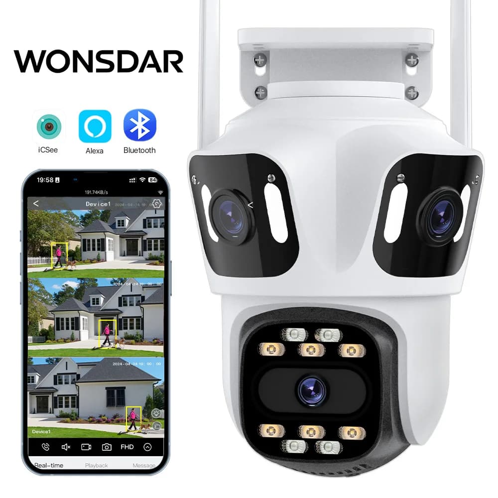 Telecamera IP WiFi WONSDAR a tre obiettivi e tre schermi, esterna, con triplo obiettivo, tracciamento automatico, sicurezza PTZ HD, videosorveglianza iCsee