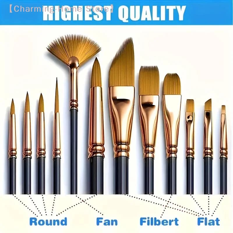 【M】12Pcs Nylon Bristle Brush Set Flat Brushes Watercolor Oil Paint For Artists Amateur And Acrylic Paintings Fabric Brushes
