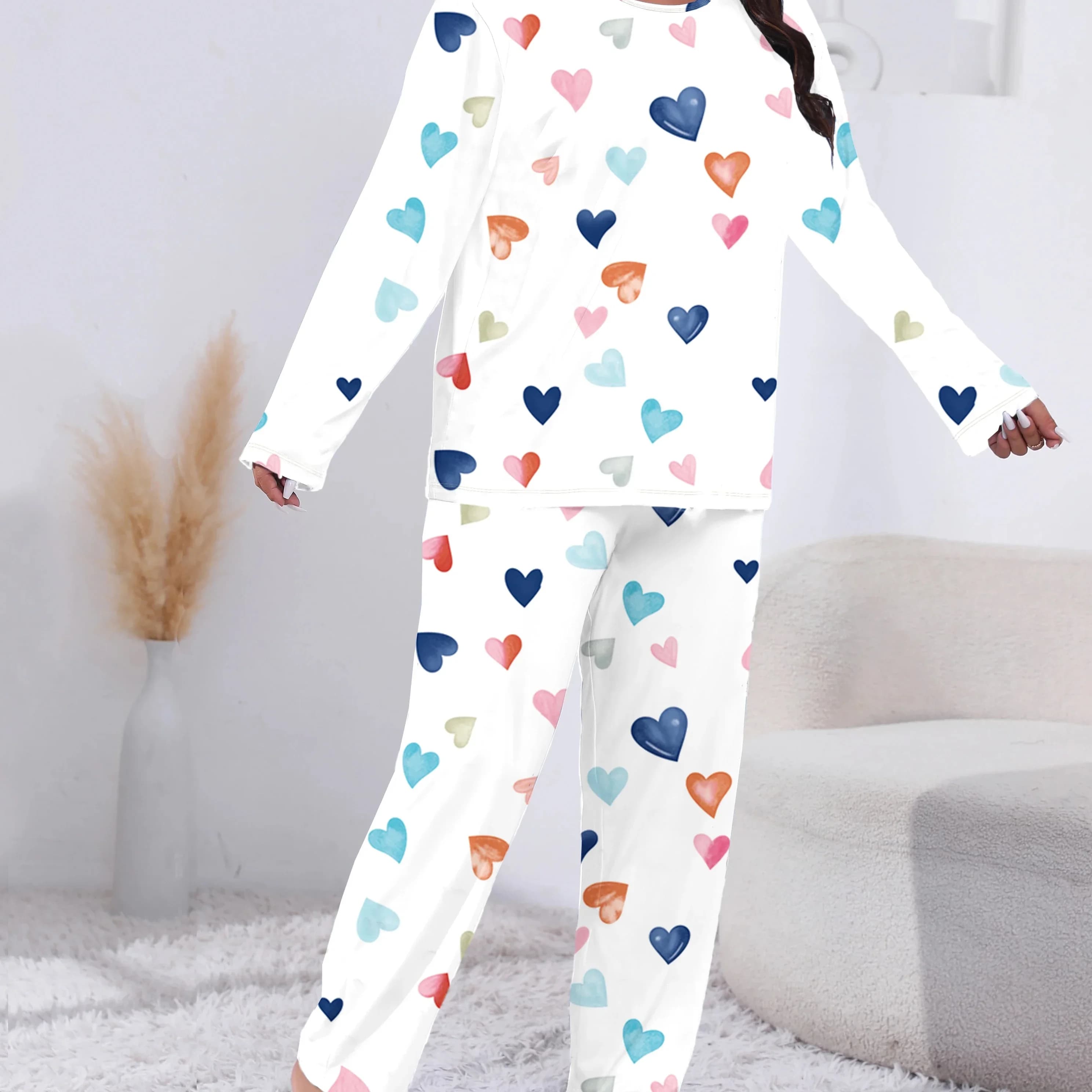 T-shirt e pantaloni a maniche lunghe da donna taglie forti Set pigiama da 2 pezzi, maglietta a maniche lunghe con stampa a cuore e pantaloni eleganti e comodi indumenti da notte